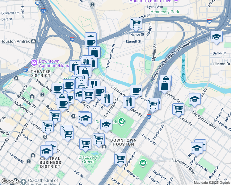 map of restaurants, bars, coffee shops, grocery stores, and more near 101 Austin Street in Houston