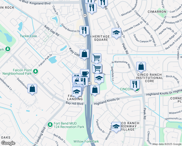 map of restaurants, bars, coffee shops, grocery stores, and more near 1239 West Grand Parkway South in Katy