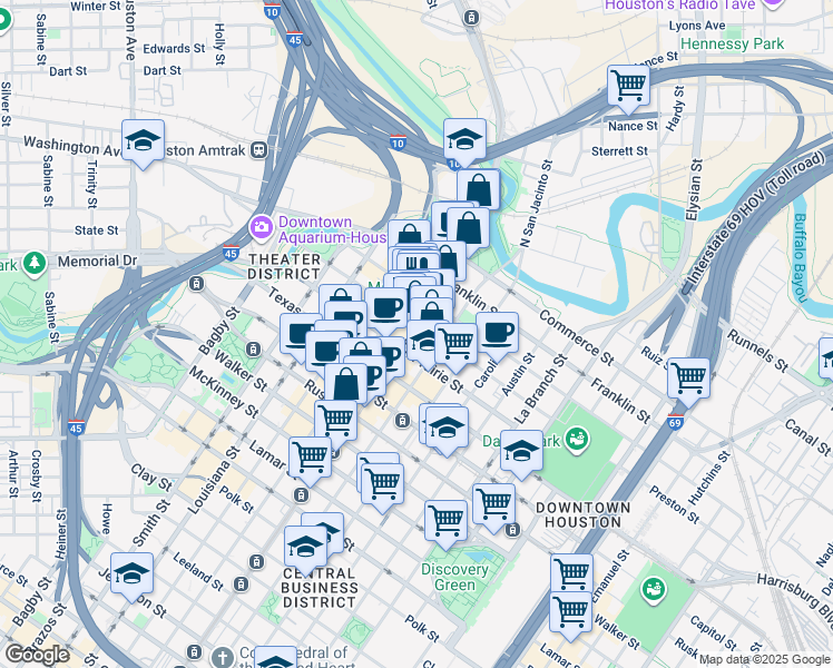 map of restaurants, bars, coffee shops, grocery stores, and more near 405 Main street in Houston
