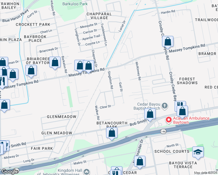 map of restaurants, bars, coffee shops, grocery stores, and more near 1409 McPhail Road in Baytown