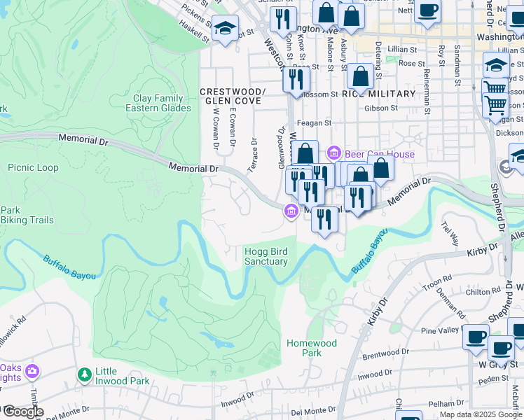 map of restaurants, bars, coffee shops, grocery stores, and more near 42 East Bend Lane in Houston