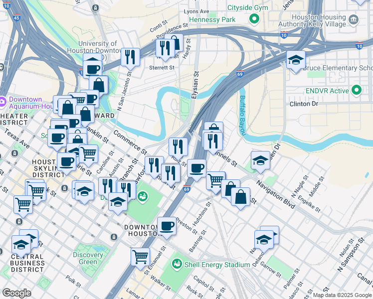 map of restaurants, bars, coffee shops, grocery stores, and more near North Chenevert Street in Houston