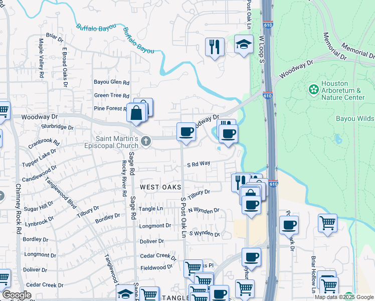 map of restaurants, bars, coffee shops, grocery stores, and more near 1 Riverway in Houston