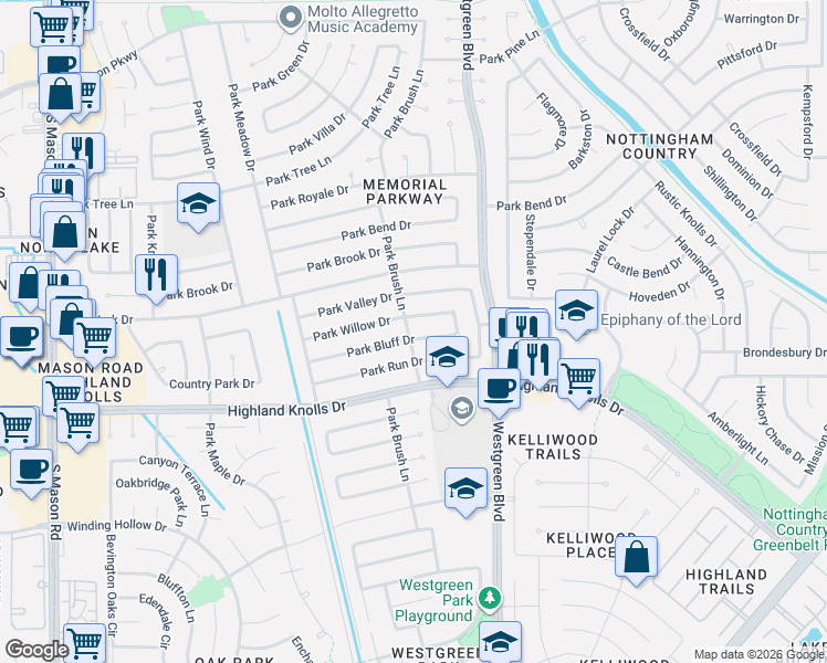 map of restaurants, bars, coffee shops, grocery stores, and more near 21235 Park Willow Drive in Katy