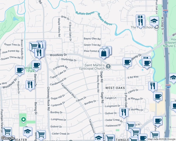 map of restaurants, bars, coffee shops, grocery stores, and more near 604 Rocky River Road in Houston