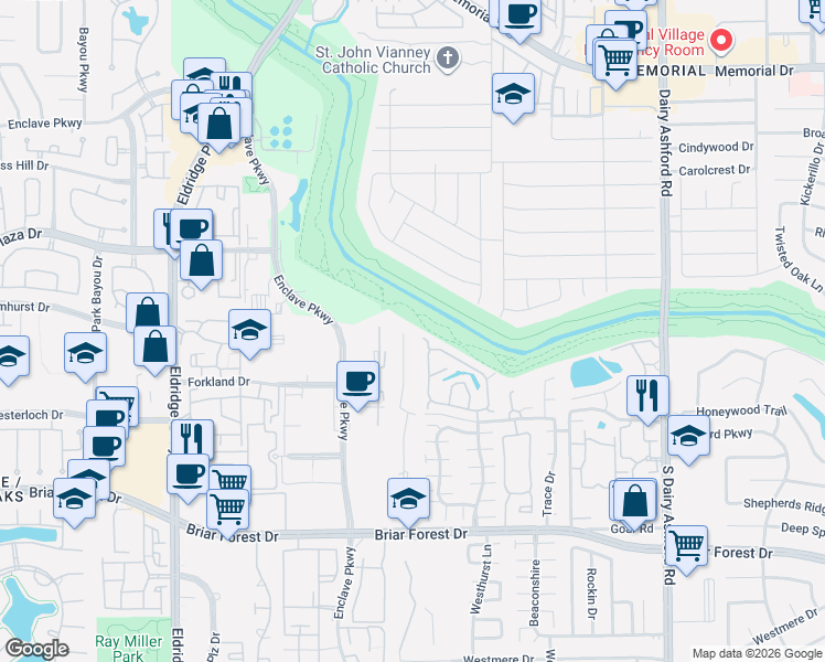 map of restaurants, bars, coffee shops, grocery stores, and more near 1107 Briar Bayou Dr in Houston
