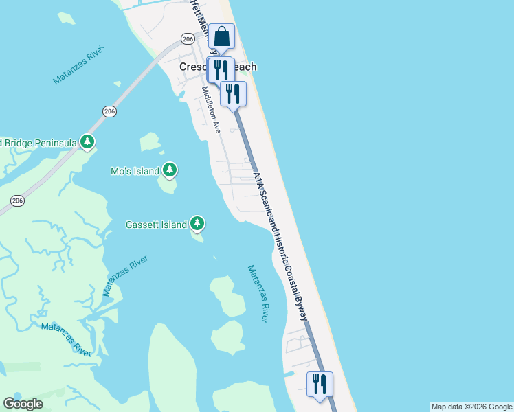 map of restaurants, bars, coffee shops, grocery stores, and more near 7248 Florida A1A in St. Augustine