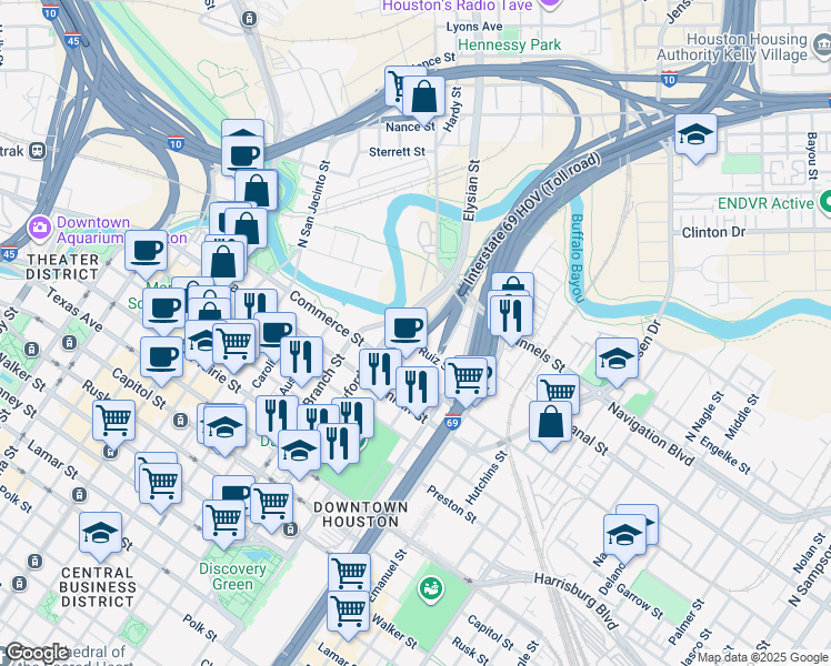 map of restaurants, bars, coffee shops, grocery stores, and more near 1610 Ruiz Street in Houston