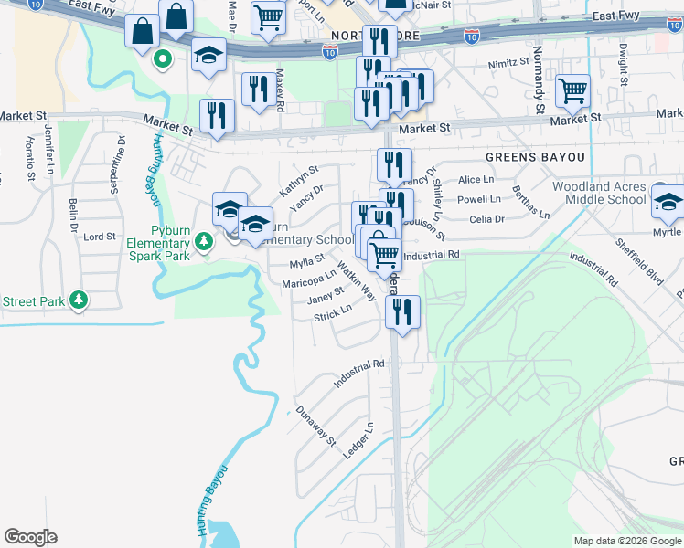 map of restaurants, bars, coffee shops, grocery stores, and more near 1600 Watkin Way in Houston