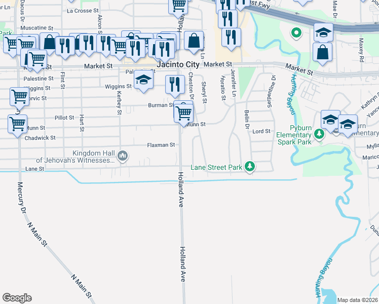 map of restaurants, bars, coffee shops, grocery stores, and more near 1717 Holland Avenue in Houston