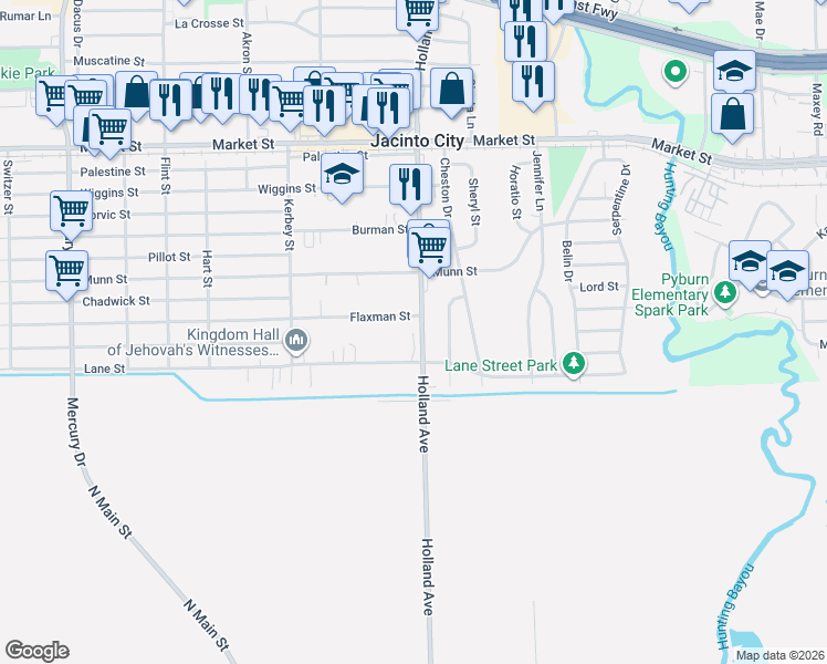map of restaurants, bars, coffee shops, grocery stores, and more near 1717 Holland Avenue in Houston