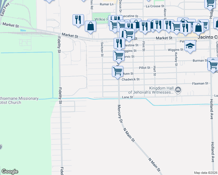 map of restaurants, bars, coffee shops, grocery stores, and more near 10221 Flaxman Street in Houston