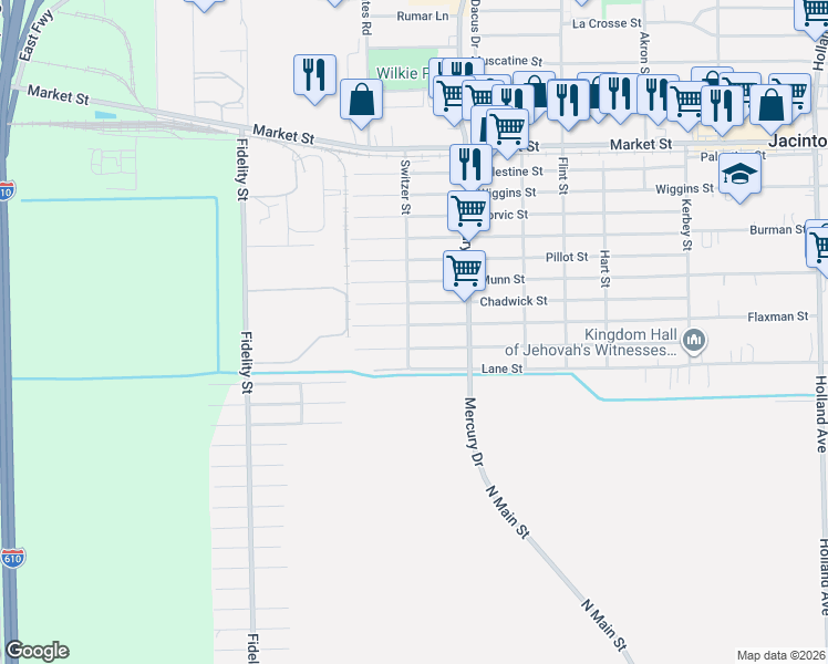 map of restaurants, bars, coffee shops, grocery stores, and more near 10142 Flaxman Street in Houston