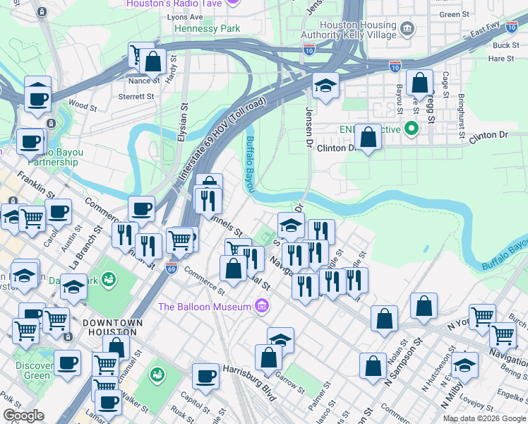 map of restaurants, bars, coffee shops, grocery stores, and more near 2211 Ann Street in Houston