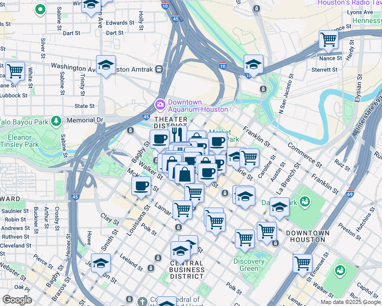 map of restaurants, bars, coffee shops, grocery stores, and more near 614 Texas Avenue in Houston