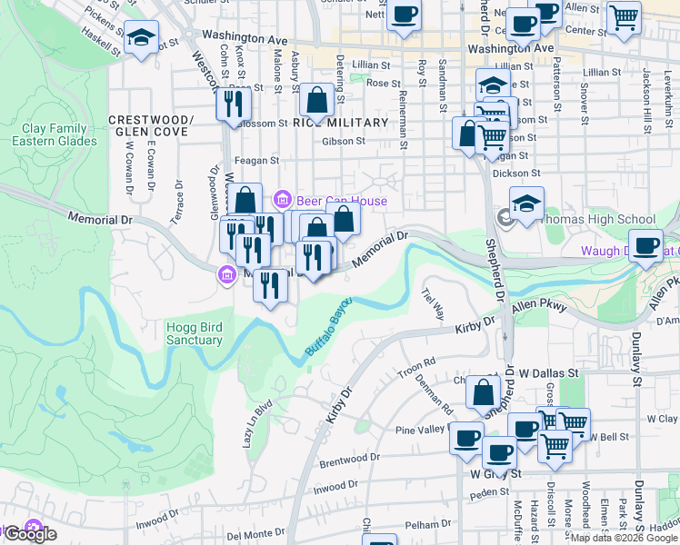 map of restaurants, bars, coffee shops, grocery stores, and more near 5400 Memorial Parkway in Houston