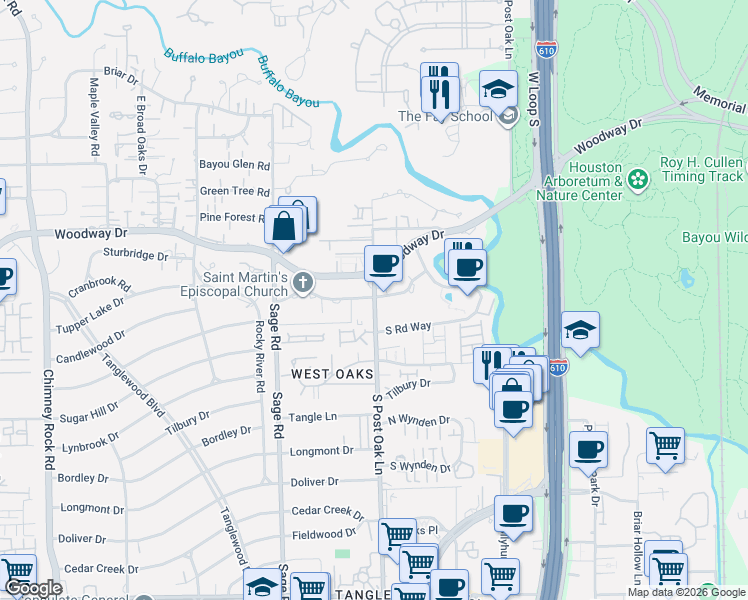 map of restaurants, bars, coffee shops, grocery stores, and more near 1 Riverway in Houston