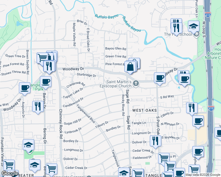 map of restaurants, bars, coffee shops, grocery stores, and more near 604 Rocky River Road in Houston