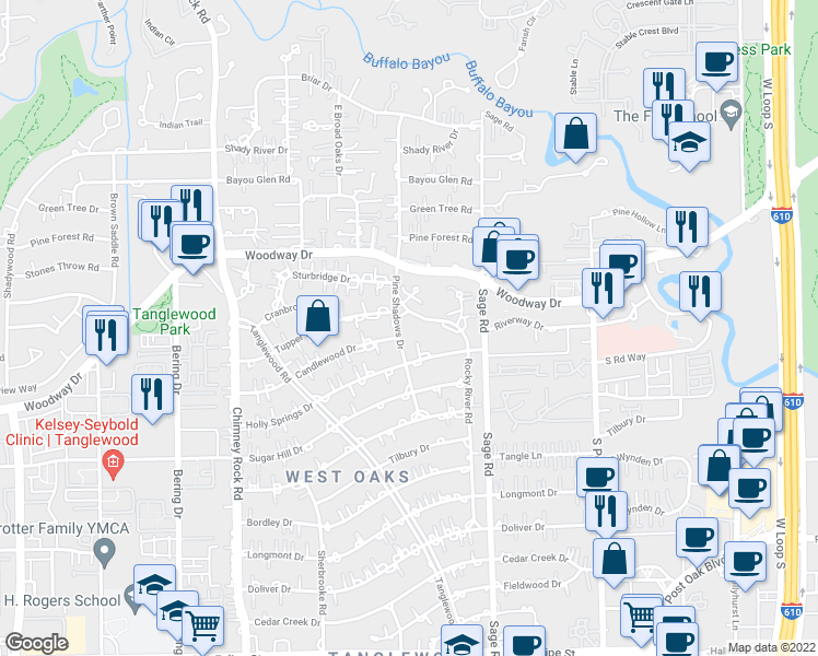 map of restaurants, bars, coffee shops, grocery stores, and more near 604 Rocky River Road in Houston