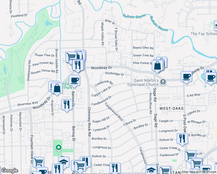 map of restaurants, bars, coffee shops, grocery stores, and more near 5522 Tupper Lake Drive in Houston