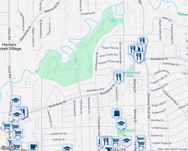 map of restaurants, bars, coffee shops, grocery stores, and more near 614 Shadywood Road in Houston