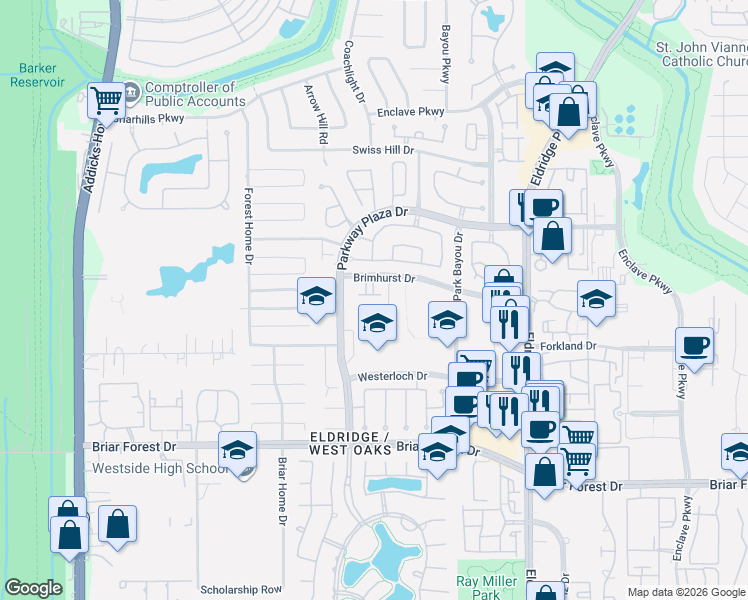 map of restaurants, bars, coffee shops, grocery stores, and more near 1422 Baldwin Square Drive in Houston
