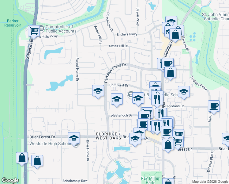 map of restaurants, bars, coffee shops, grocery stores, and more near 1422 Baldwin Square Drive in Houston