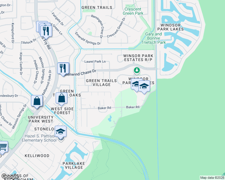 map of restaurants, bars, coffee shops, grocery stores, and more near 19407 Kessington Ln in Houston