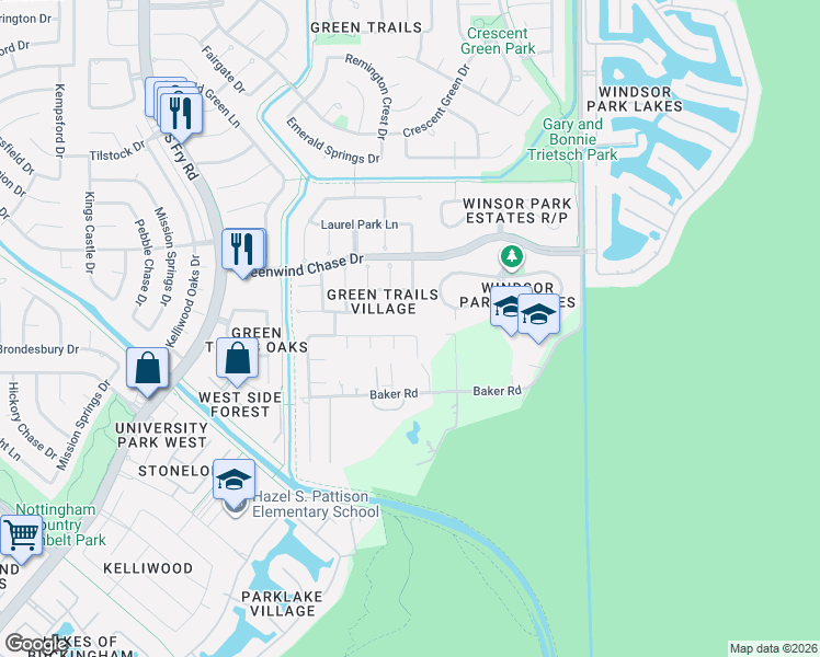 map of restaurants, bars, coffee shops, grocery stores, and more near 19515 Knightsridge Lane in Houston