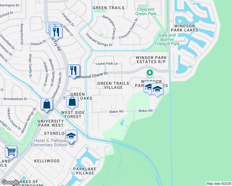 map of restaurants, bars, coffee shops, grocery stores, and more near 19515 Knightsridge Lane in Houston