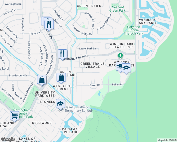 map of restaurants, bars, coffee shops, grocery stores, and more near 19619 Knightsridge Lane in Houston