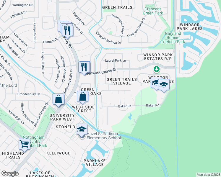 map of restaurants, bars, coffee shops, grocery stores, and more near 19619 Knightsridge Lane in Houston