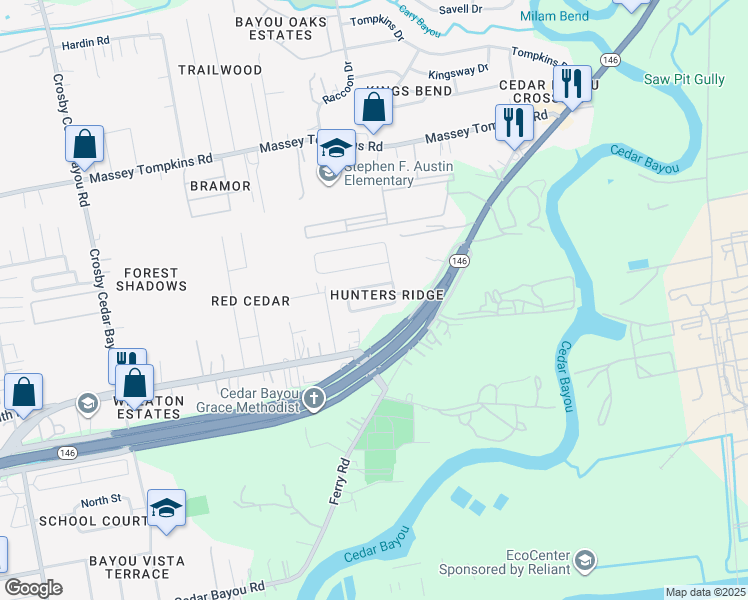 map of restaurants, bars, coffee shops, grocery stores, and more near 3903 Ridge Canyon Road in Baytown