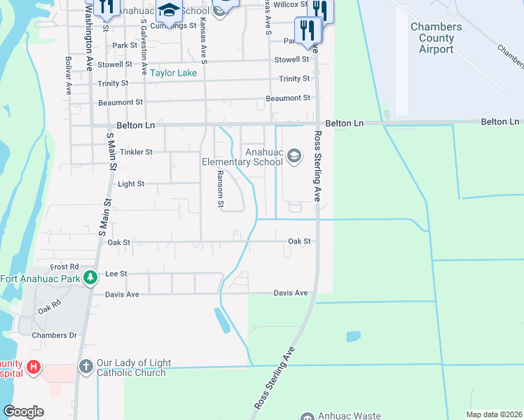 map of restaurants, bars, coffee shops, grocery stores, and more near 502 Tower Avenue in Anahuac