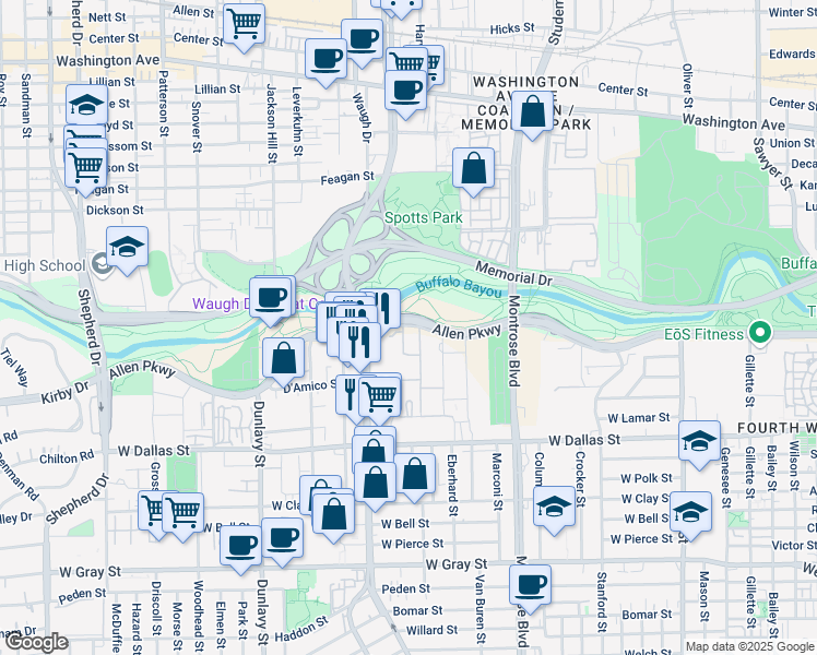 map of restaurants, bars, coffee shops, grocery stores, and more near 2927 Allen Parkway in Houston