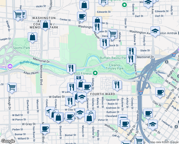 map of restaurants, bars, coffee shops, grocery stores, and more near 1620 Allen Parkway in Houston