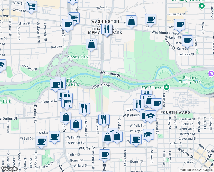 map of restaurants, bars, coffee shops, grocery stores, and more near 2227 Allen Parkway in Houston