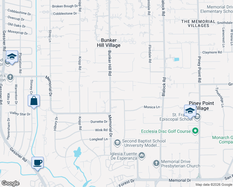 map of restaurants, bars, coffee shops, grocery stores, and more near 11735 Bayhurst Drive in Houston