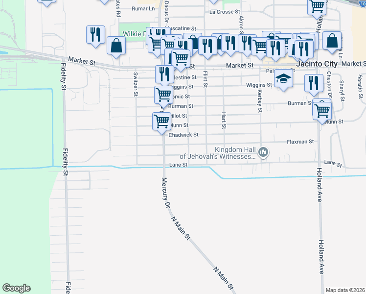map of restaurants, bars, coffee shops, grocery stores, and more near 10338 Flaxman Street in Houston