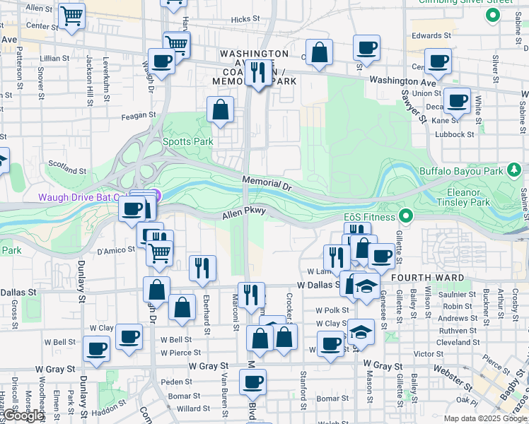 map of restaurants, bars, coffee shops, grocery stores, and more near 2227 Allen Parkway in Houston