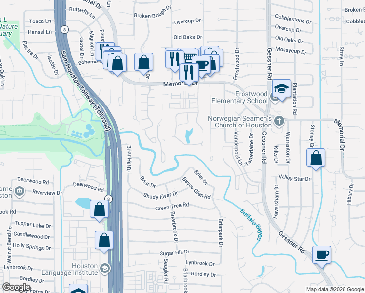 map of restaurants, bars, coffee shops, grocery stores, and more near 284 Litchfield Lane in Houston