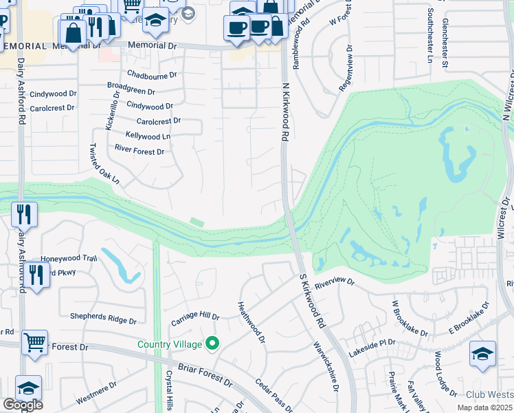 map of restaurants, bars, coffee shops, grocery stores, and more near 14134 Heatherfield Drive in Houston