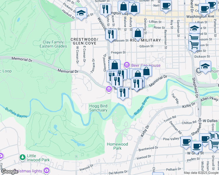 map of restaurants, bars, coffee shops, grocery stores, and more near Memorial Dr & Westcott St in Houston