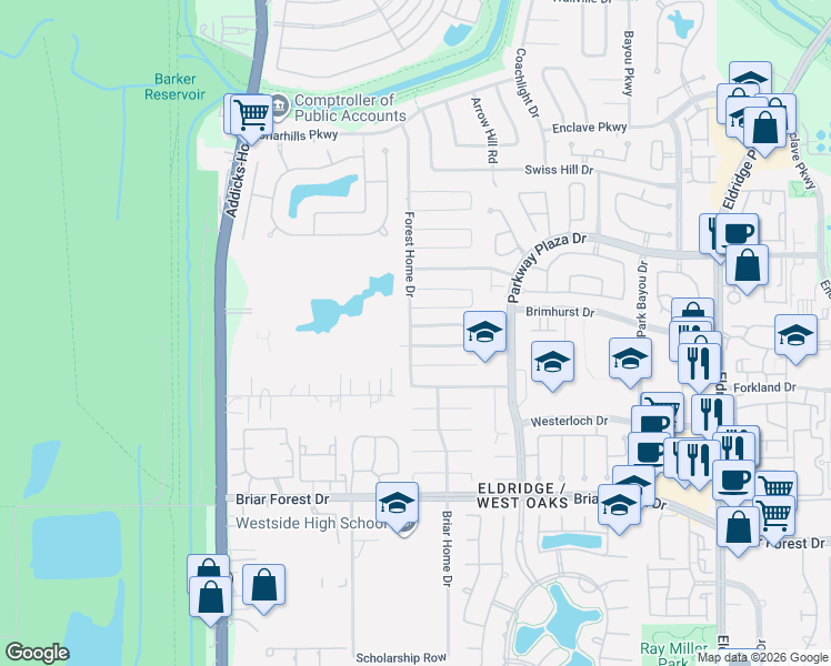 map of restaurants, bars, coffee shops, grocery stores, and more near 14219 Woodville Gardens Drive in Houston