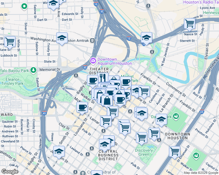 map of restaurants, bars, coffee shops, grocery stores, and more near 717 Texas Avenue in Houston