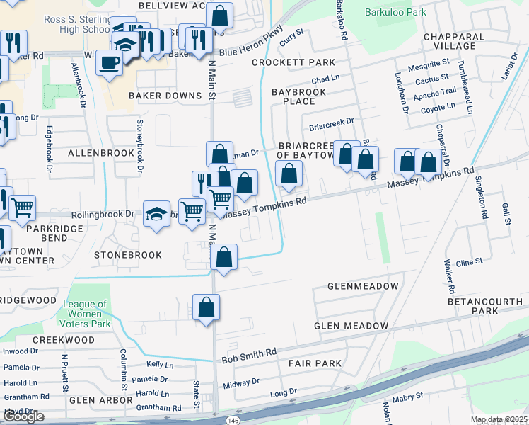map of restaurants, bars, coffee shops, grocery stores, and more near 322 Massey Tompkins Road in Baytown