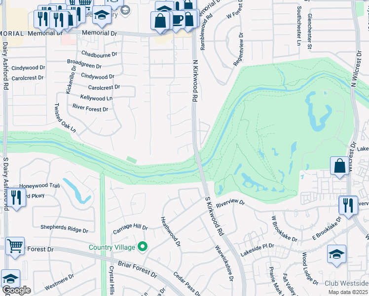 map of restaurants, bars, coffee shops, grocery stores, and more near 14127 Heatherfield Drive in Houston