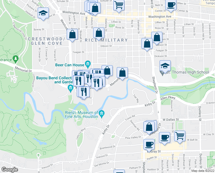 map of restaurants, bars, coffee shops, grocery stores, and more near Memorial Dr & Detering St in Houston