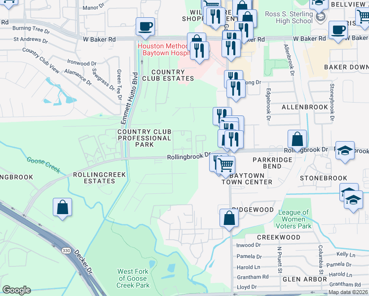 map of restaurants, bars, coffee shops, grocery stores, and more near 1700 Rollingbrook Drive in Baytown