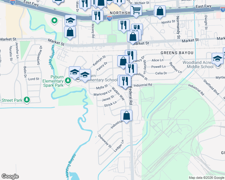 map of restaurants, bars, coffee shops, grocery stores, and more near 1600 Watkin Way in Houston